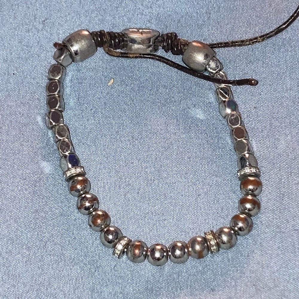 Fossil Silver Beaded Bracelet with Dark Cord
